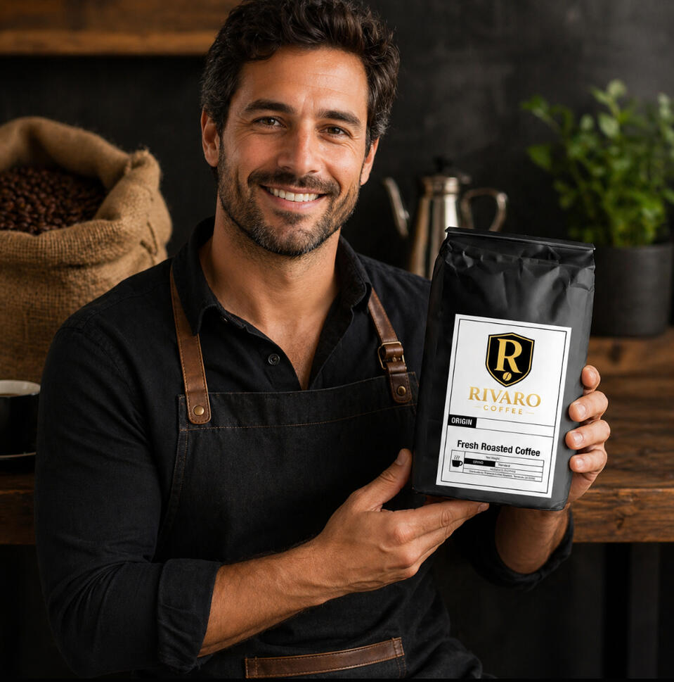 Rivaro Coffee Employee holding a bag of Rivaro Coffee