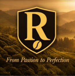 Rivaro Coffee Crest with R in Creset and Rivaro Coffee fields in the background.